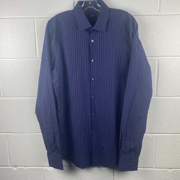 Hugo Boss Dress Shirt‎ Mens 16 Slim Fit Blue Striped Long Sleeve - Picture 1 of 15